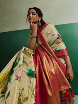 Light yellow radiant festive tissue silk saree