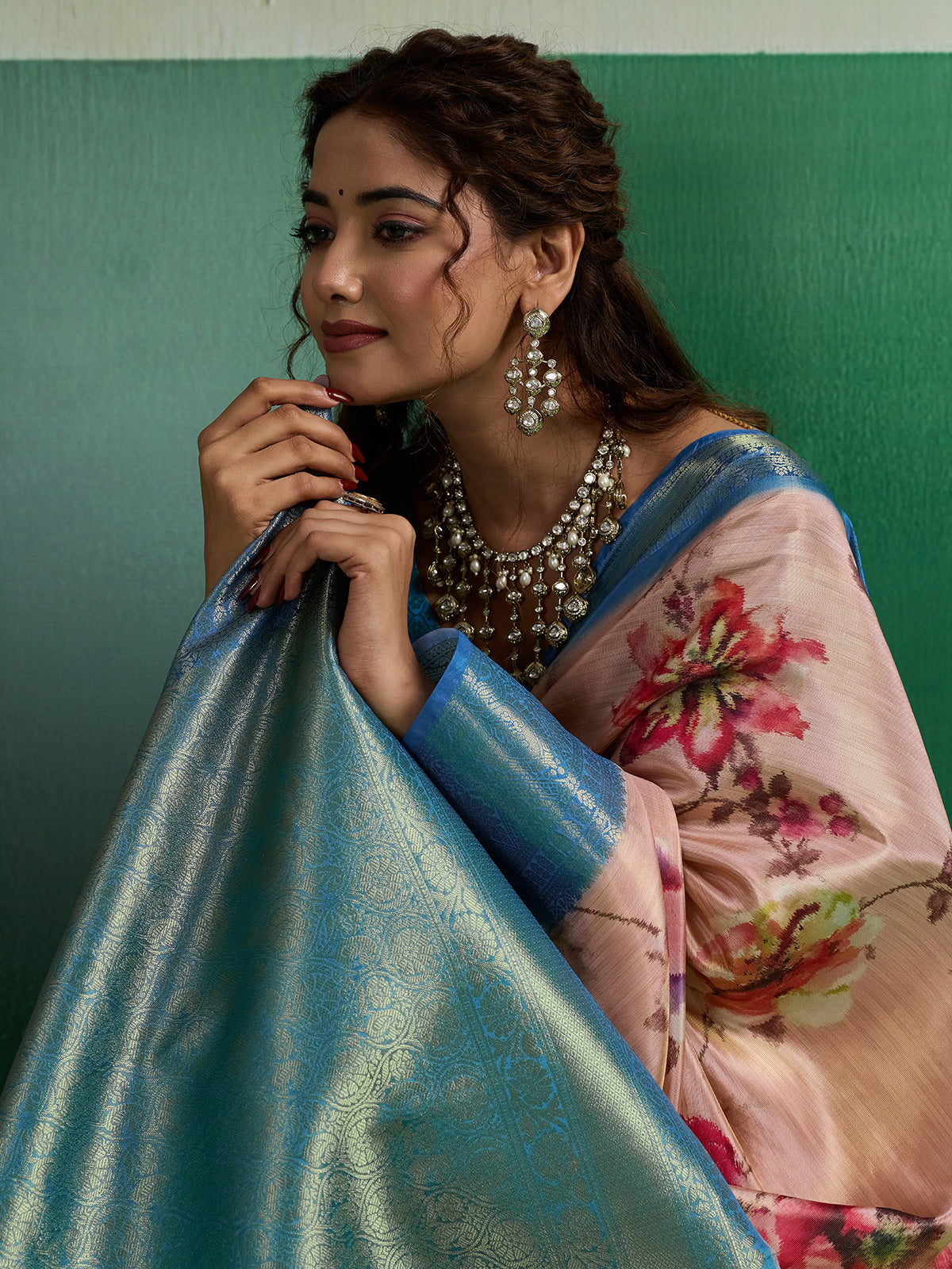 Peach elegant floral kanjivaram tissue silk saree