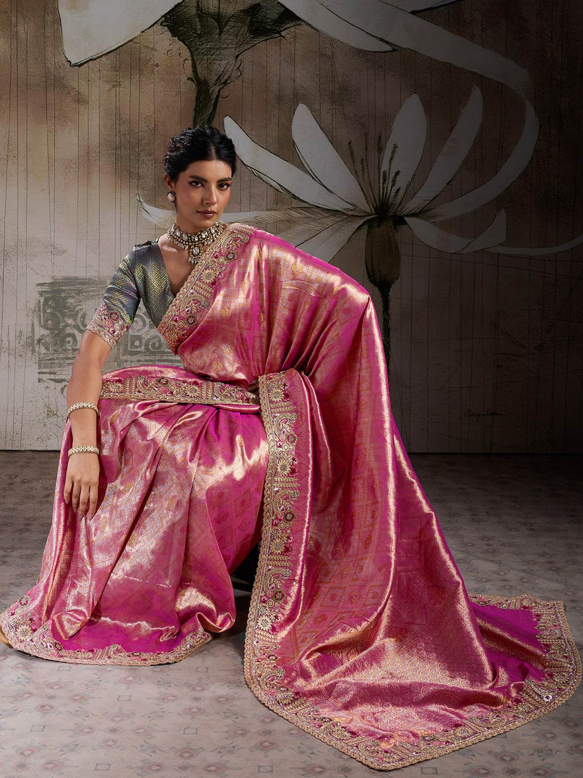 Pink majestic bridal jacquard silk saree