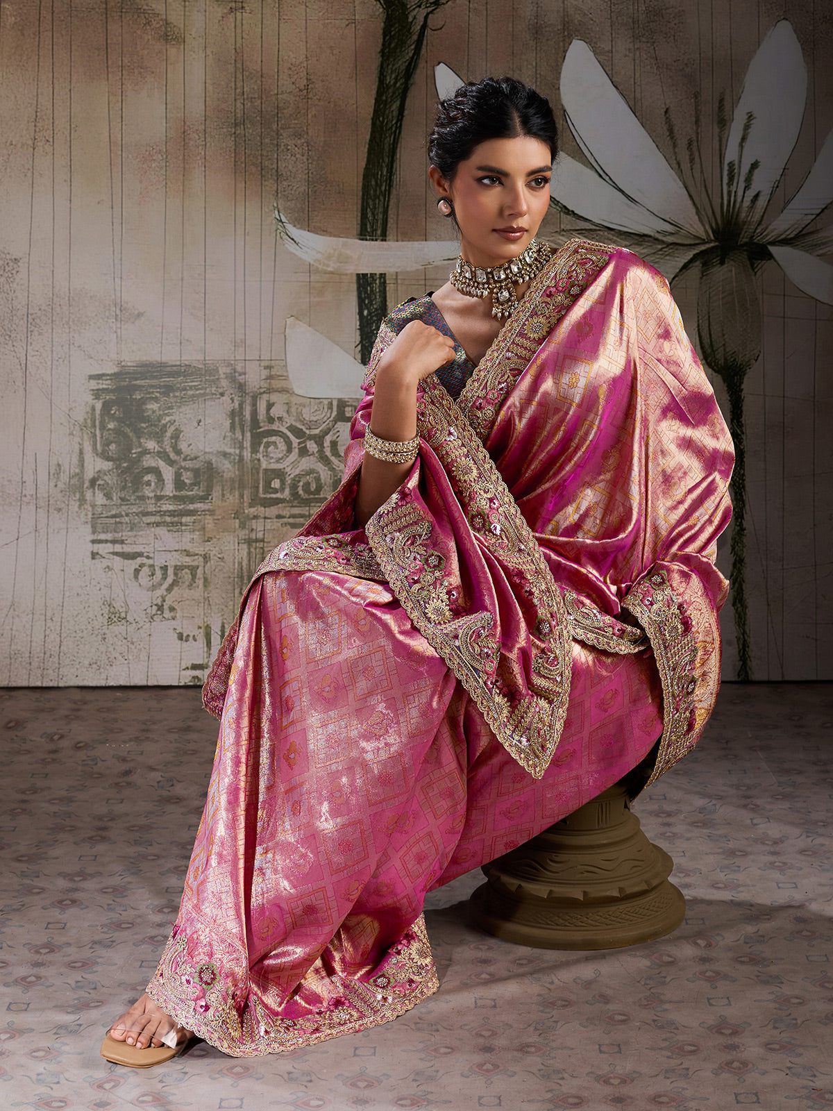 Pink majestic bridal jacquard silk saree