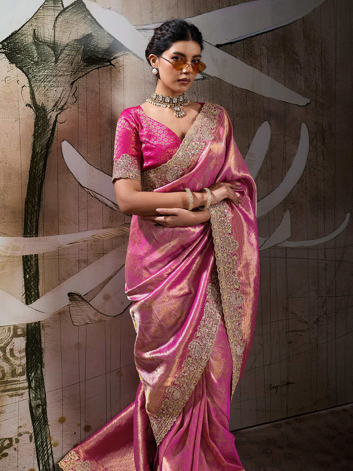 Pink regal banarasi jacquard silk party saree
