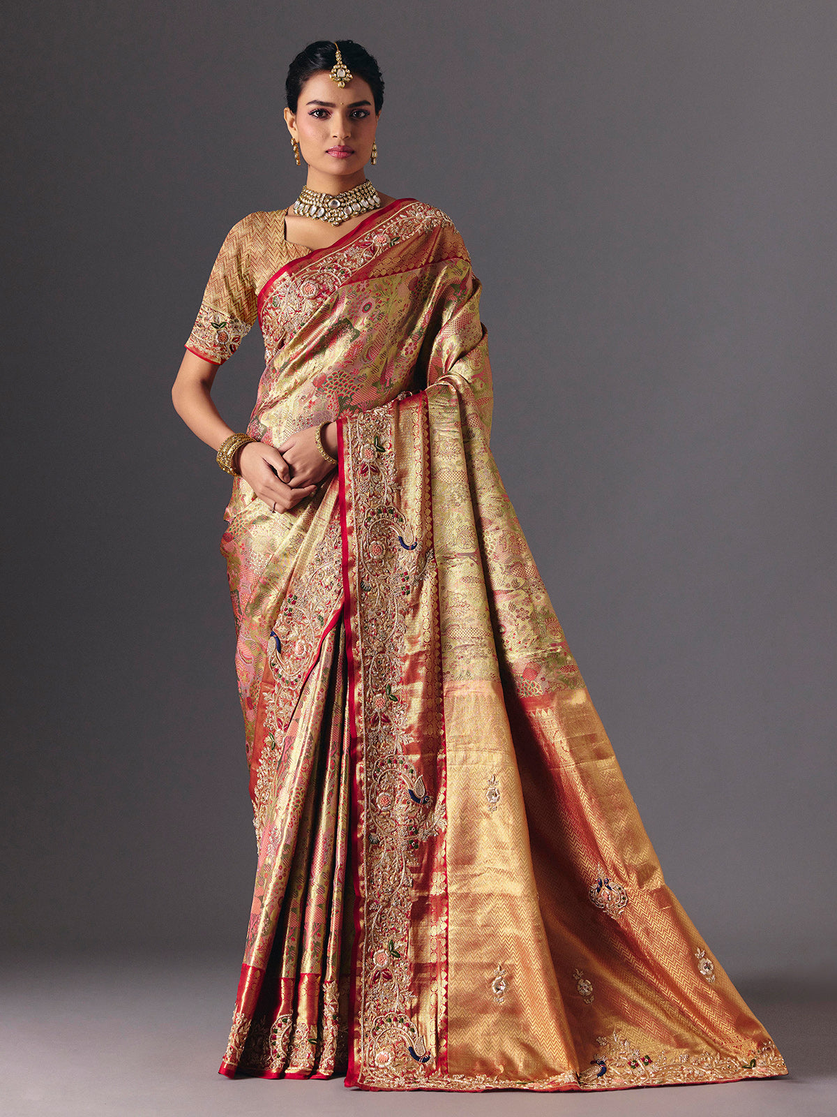 Gold tissue silk luxury bridal designer saree ensemble