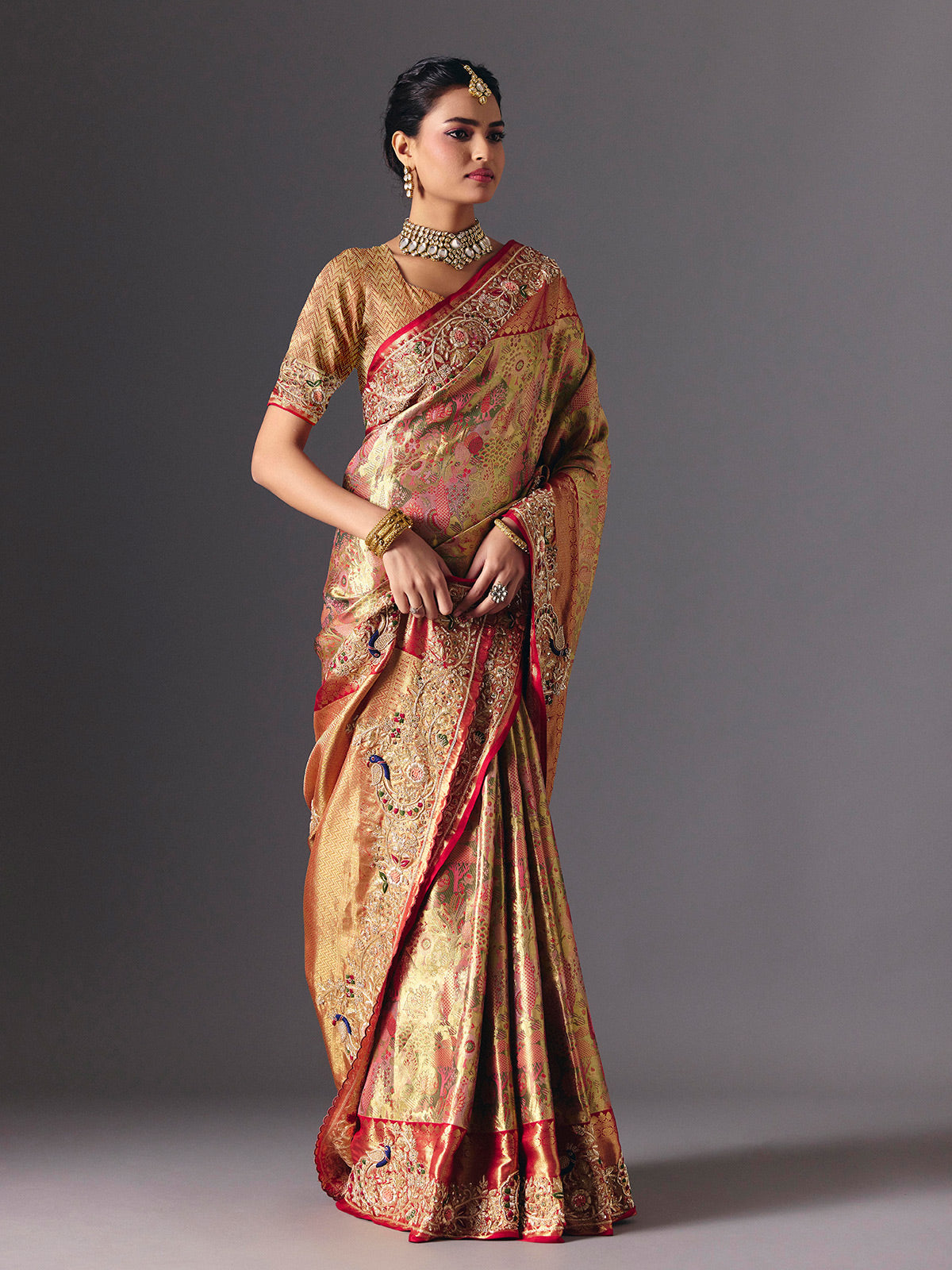 Gold tissue silk luxury bridal designer saree ensemble