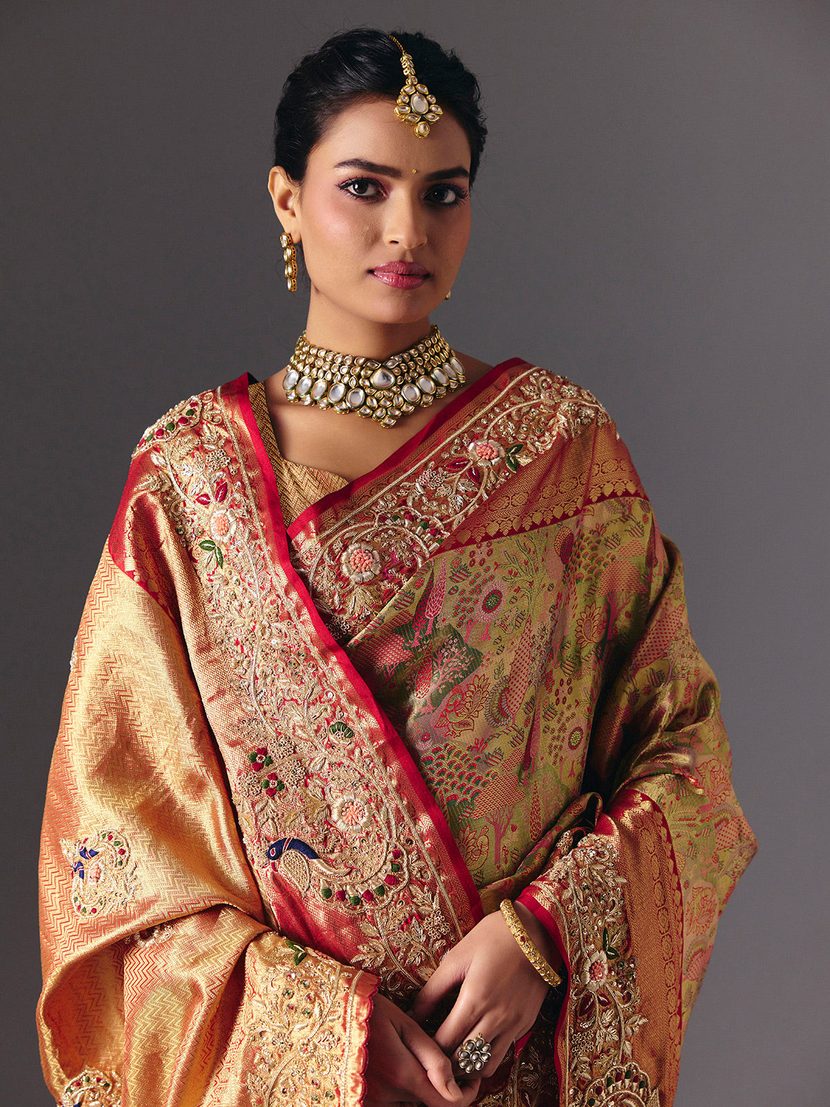 Gold tissue silk luxury bridal designer saree ensemble