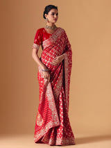 Red bandhani dola silk festive wedding saree drape