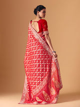 Red bandhani dola silk festive wedding saree drape