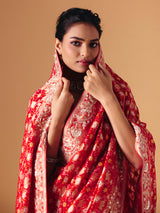 Red bandhani dola silk festive wedding saree drape