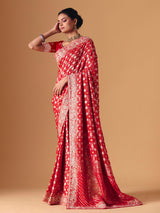 Red bandhani dola silk festive wedding saree drape