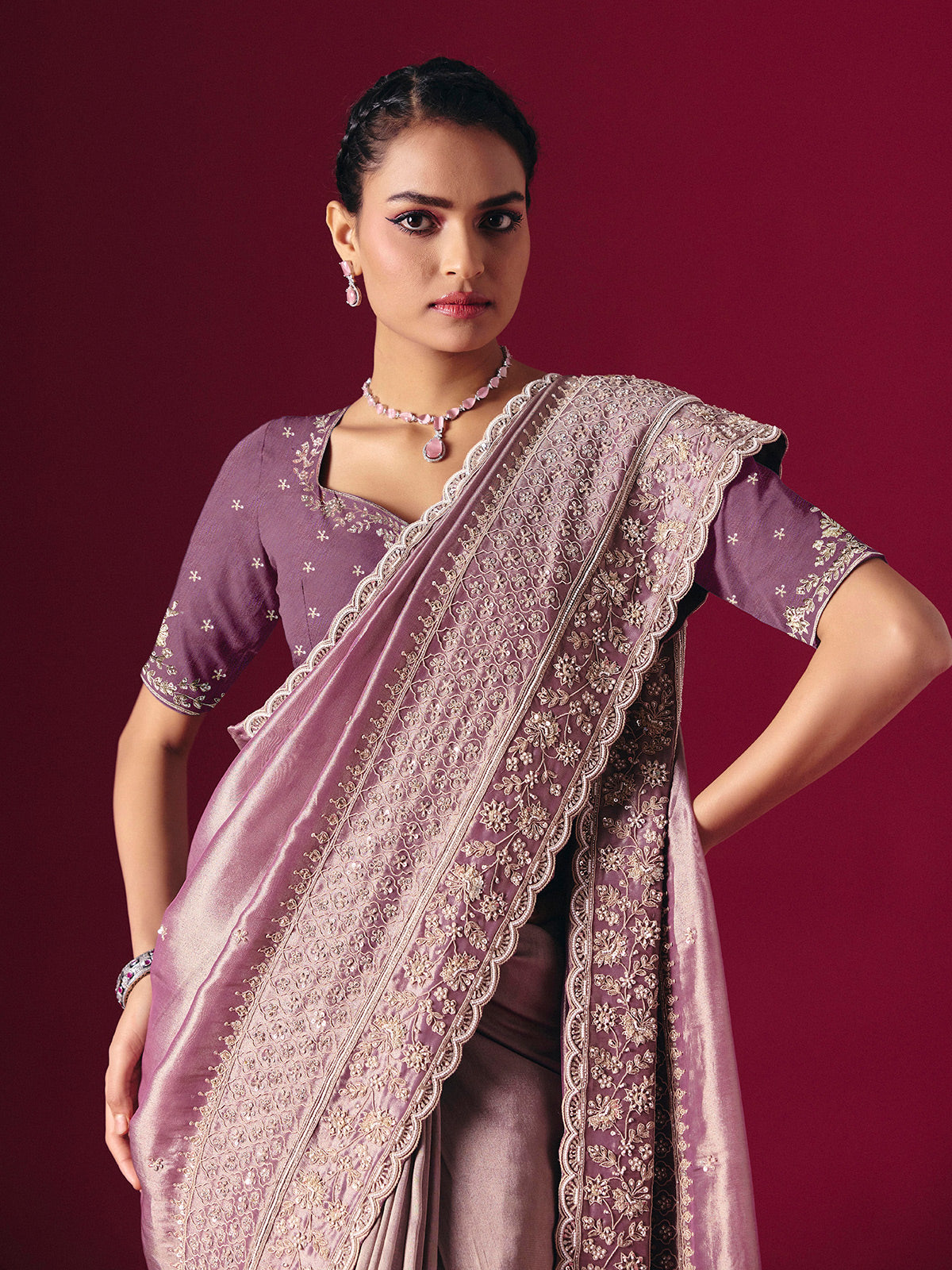 Grey tissue silk embellished festive saree