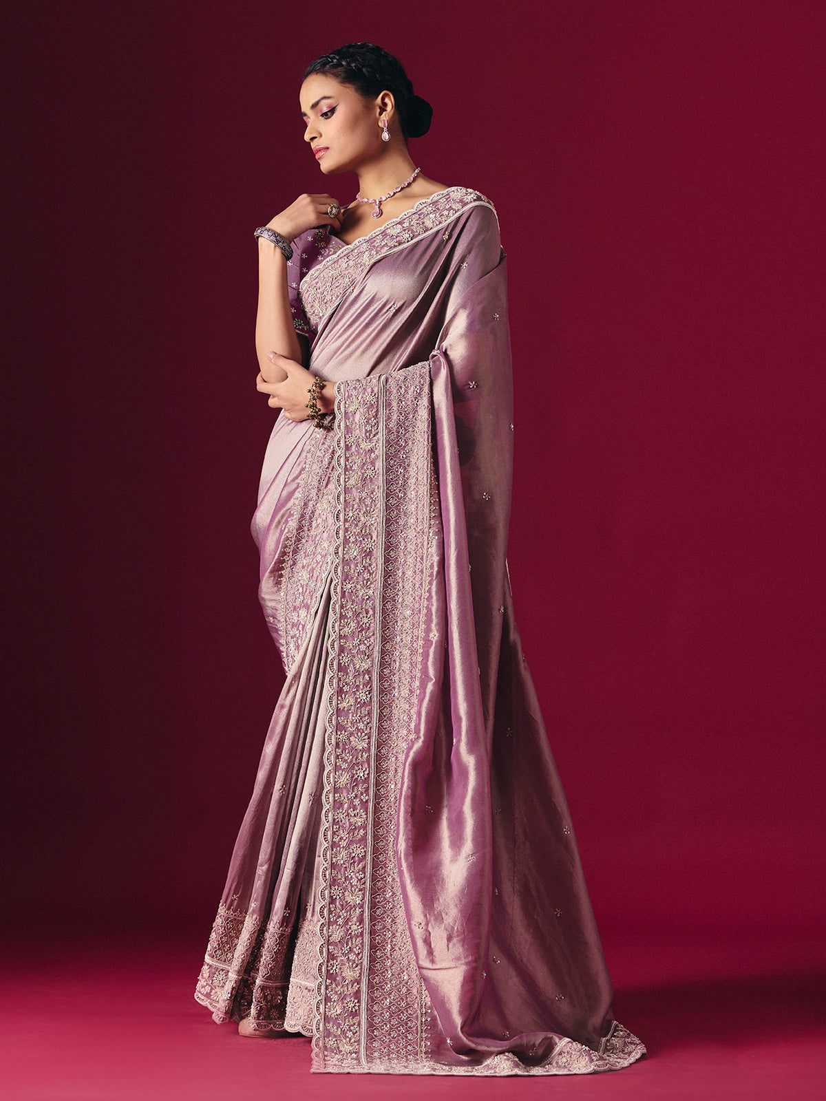Grey tissue silk embellished festive saree