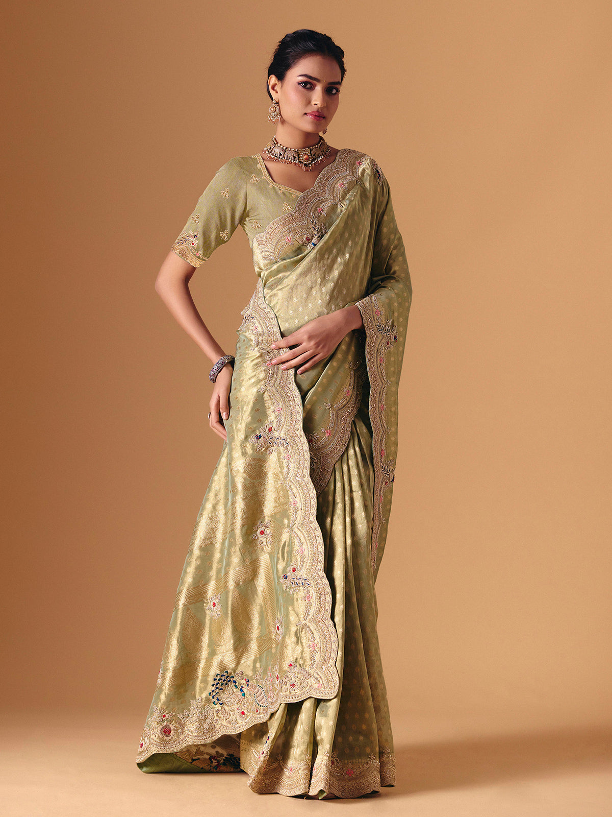 Pista dola silk embroidered festive saree