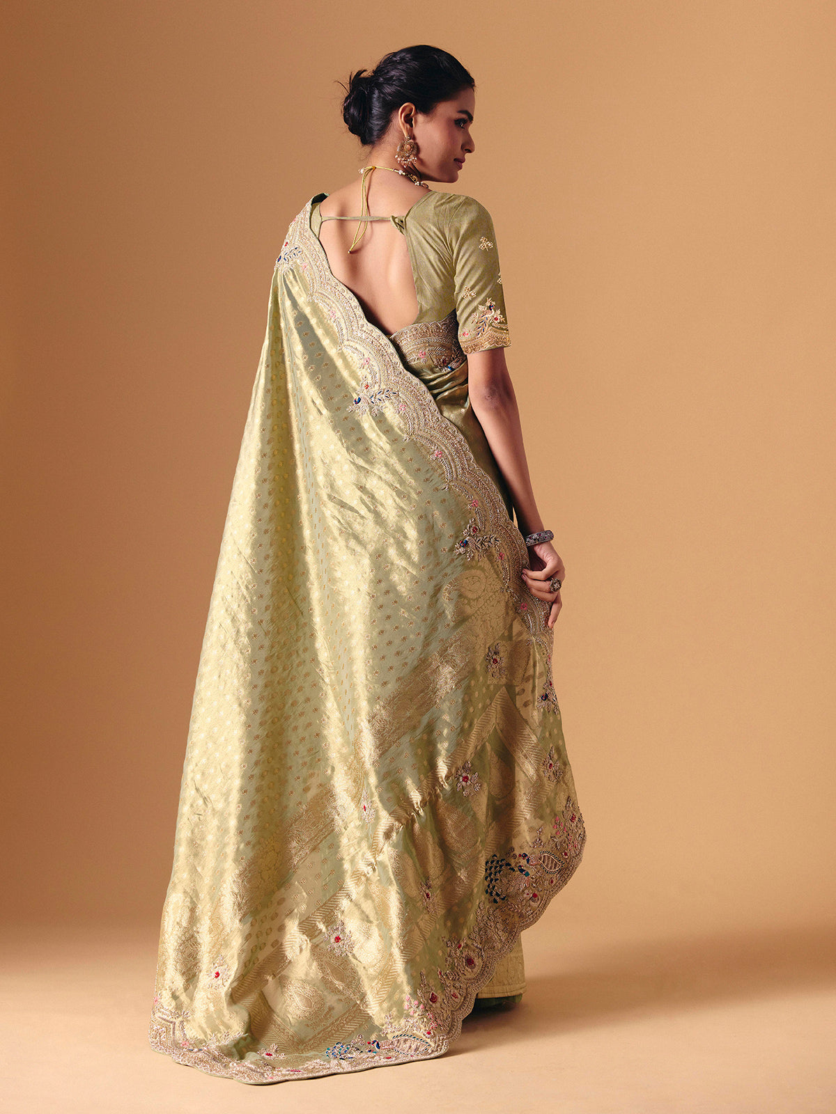 Pista dola silk embroidered festive saree