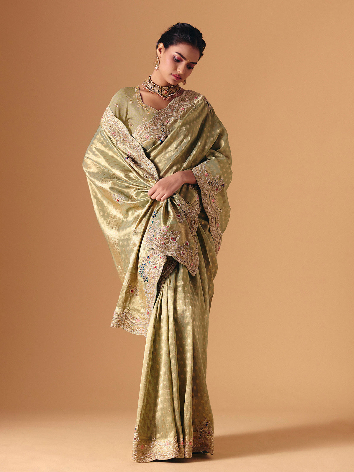 Pista dola silk embroidered festive saree