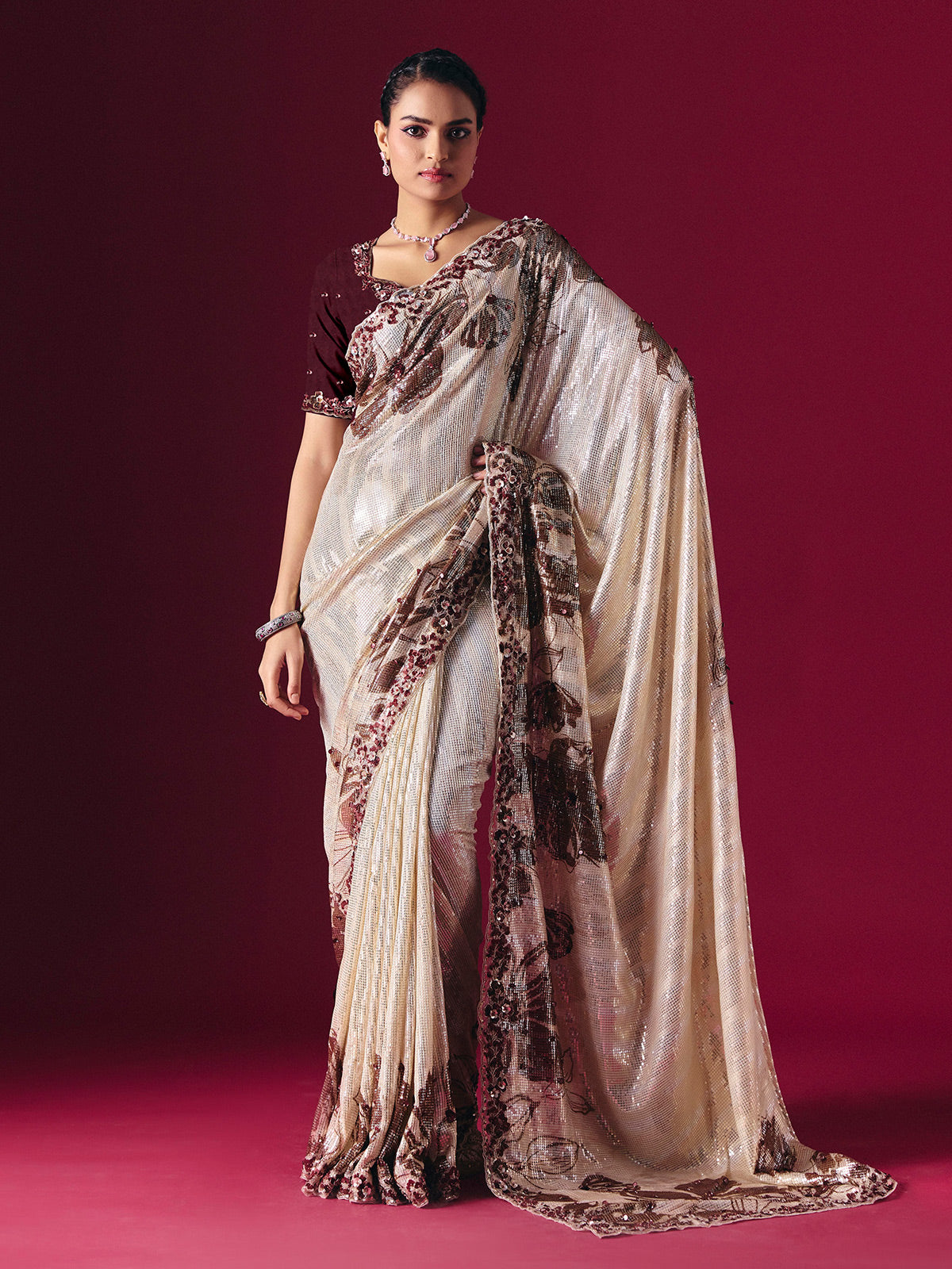 Cream printed net saree with zardosi embellished designer festive elegance