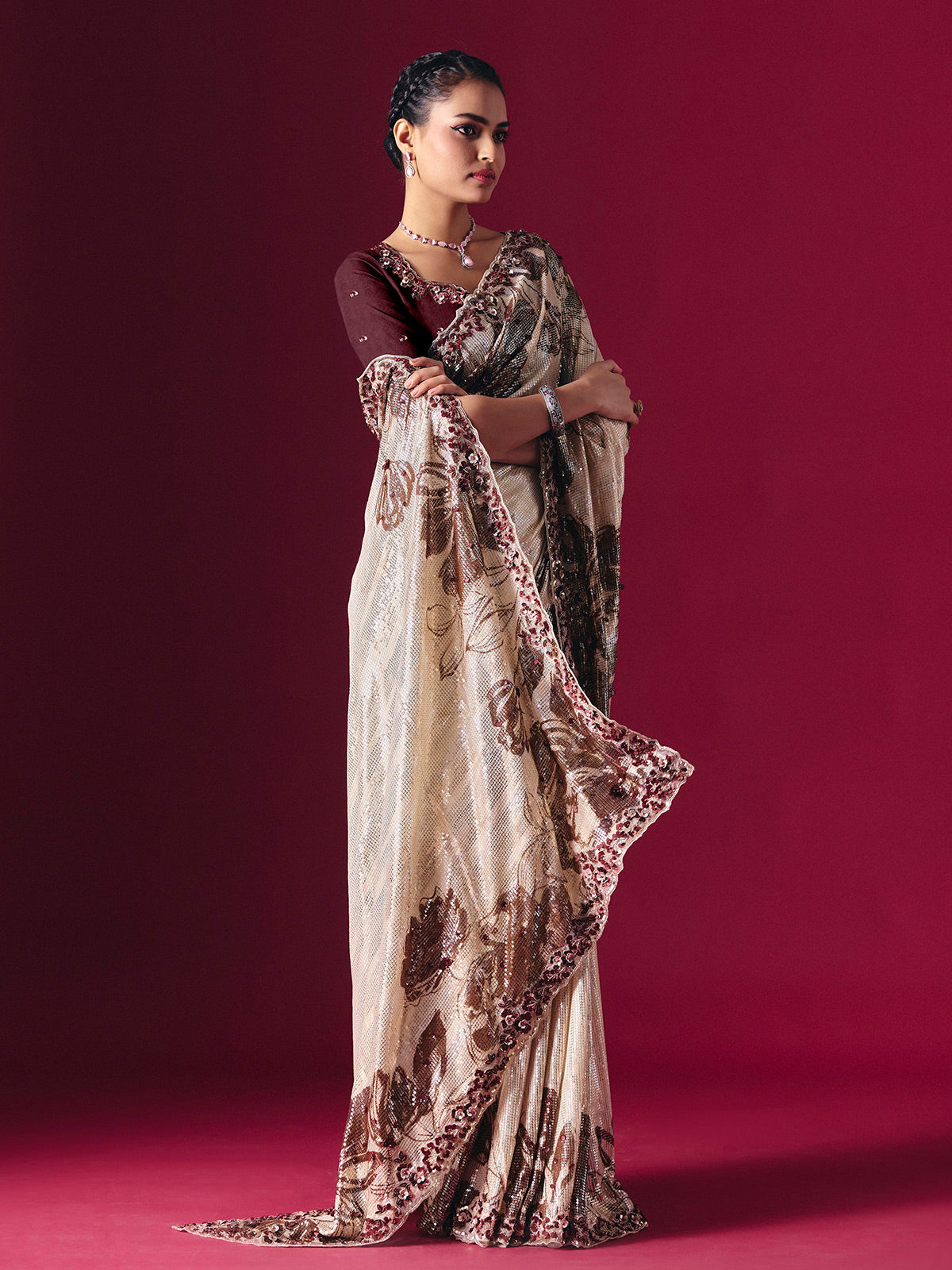 Cream printed net saree with zardosi embellished designer festive elegance