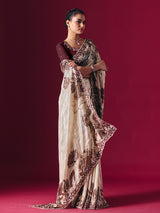 Cream printed net saree with zardosi embellished designer festive elegance