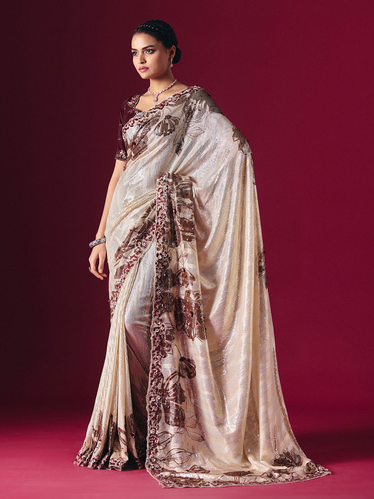 Cream printed net saree with zardosi embellished designer festive elegance