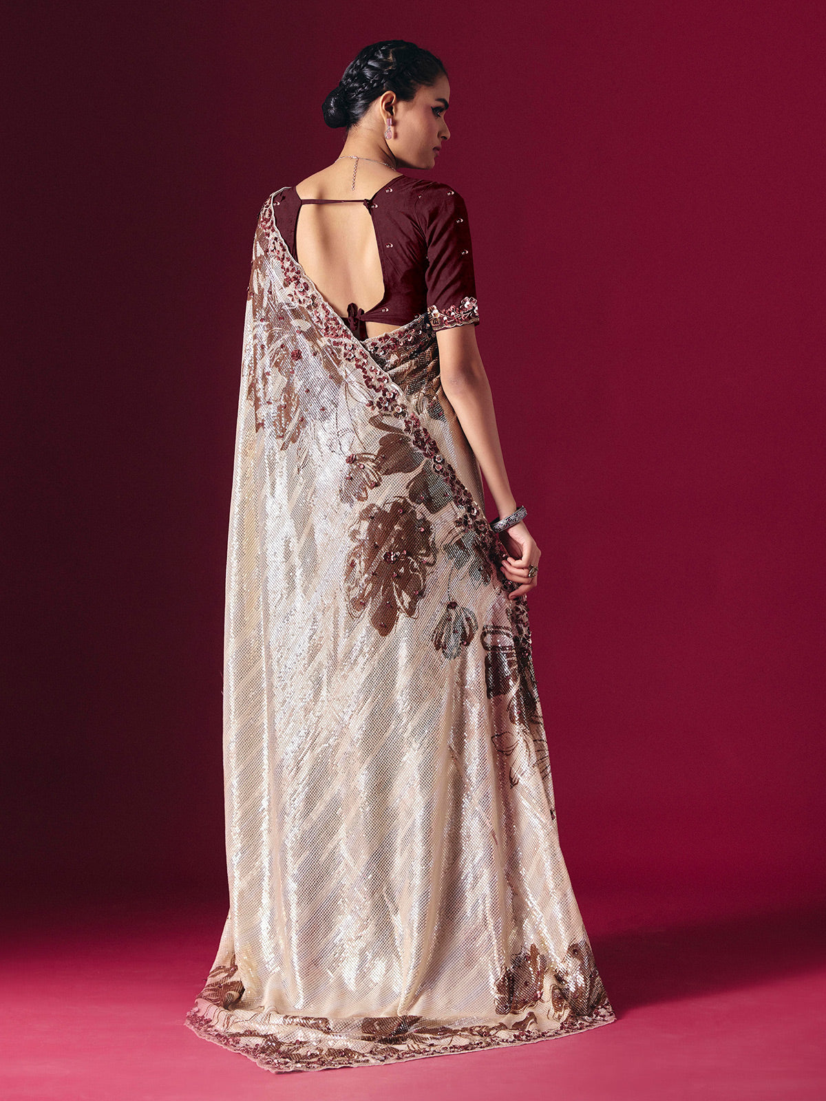 Cream printed net saree with zardosi embellished designer festive elegance