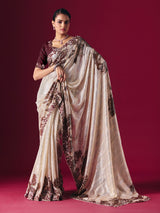 Cream printed net saree with zardosi embellished designer festive elegance