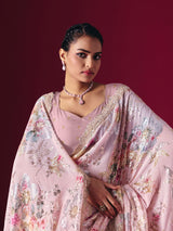 Dusty pink printed georgette saree with elegant embellished festive detailing