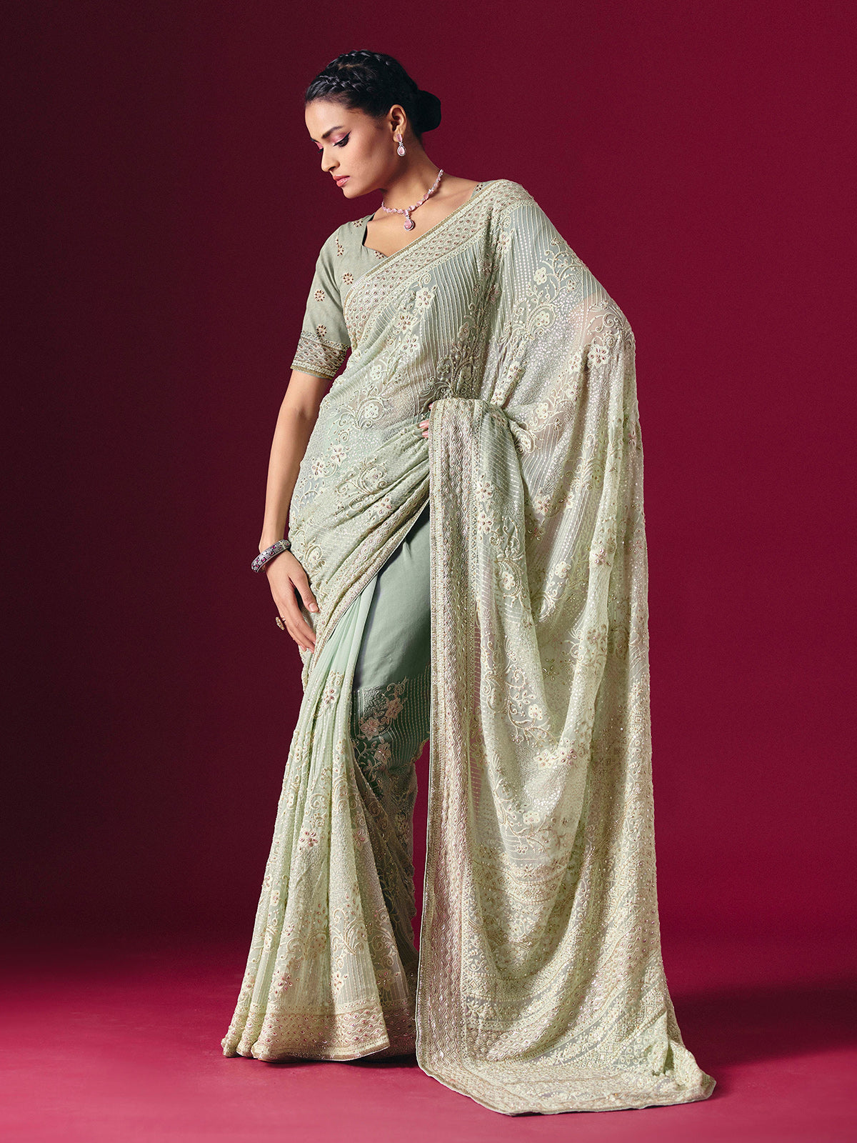 Sage green Lucknowi georgette saree with chikankari embellished designer elegance