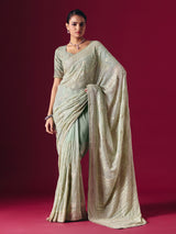 Sage green Lucknowi georgette saree with chikankari embellished designer elegance
