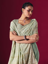 Sage green Lucknowi georgette saree with chikankari embellished designer elegance