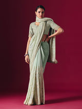 Sage green Lucknowi georgette saree with chikankari embellished designer elegance