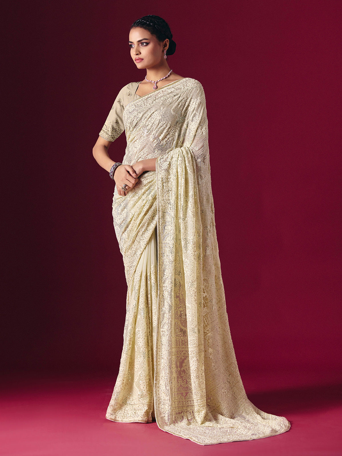 Off-white Lucknowi georgette saree with chikankari handcrafted elegance