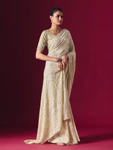 Off-white Lucknowi georgette saree with chikankari handcrafted elegance