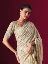 Off-white Lucknowi georgette saree with chikankari handcrafted elegance