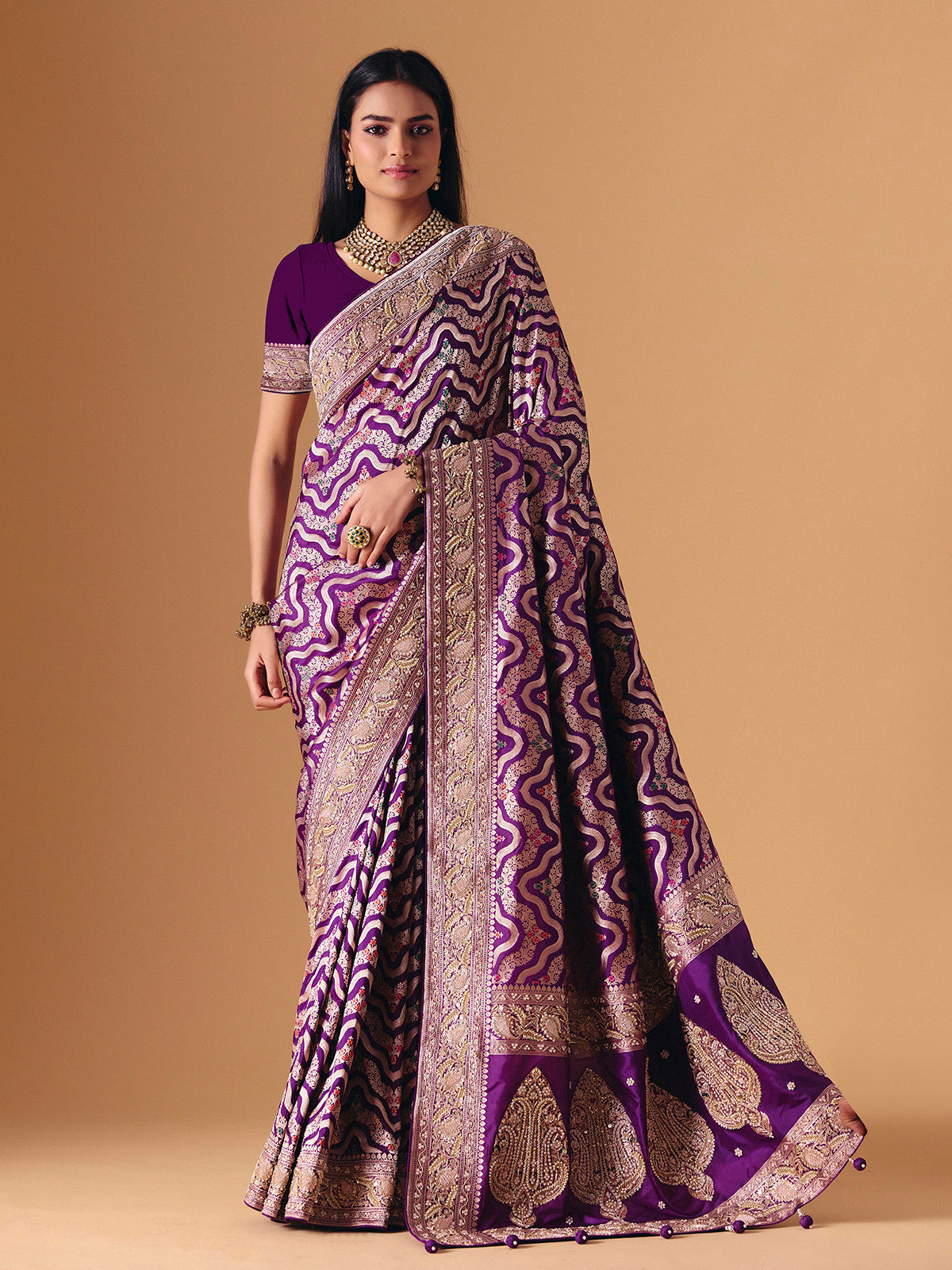 Deep purple banarasi silk saree with intricate bridal zari craftsmanship