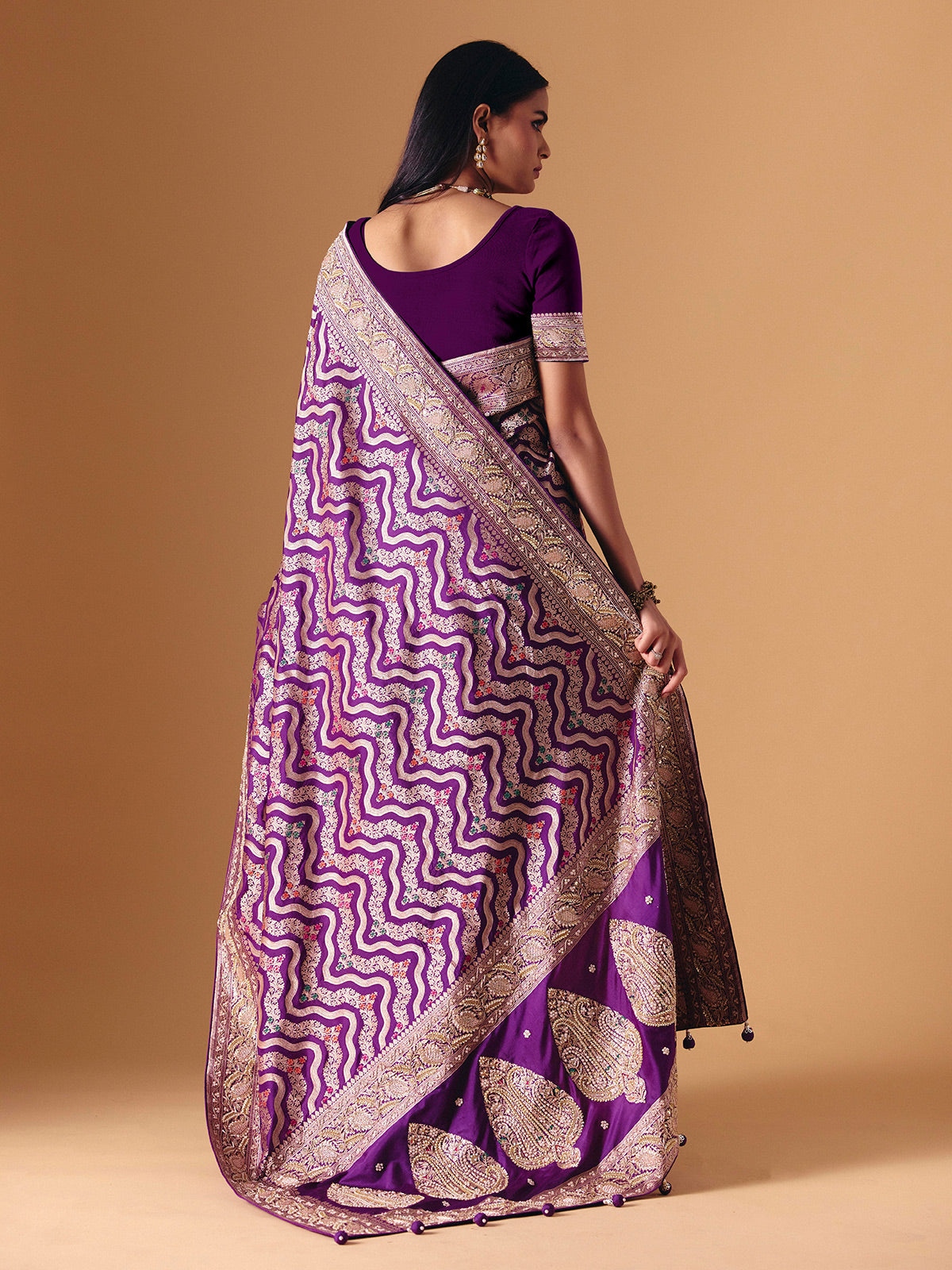 Deep purple banarasi silk saree with intricate bridal zari craftsmanship