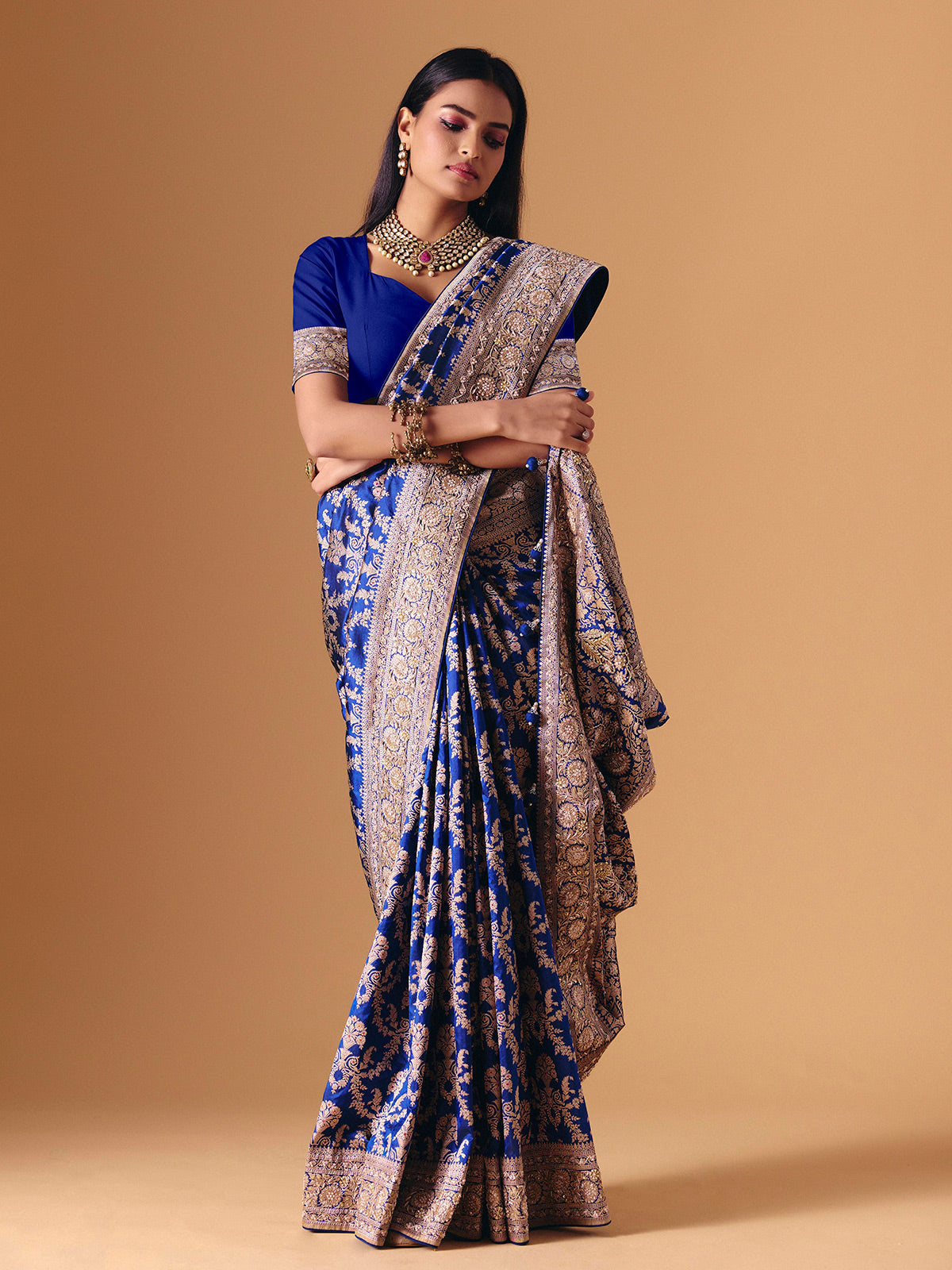 Blue banarasi silk saree with luxurious zardosi embellished bridal elegance
