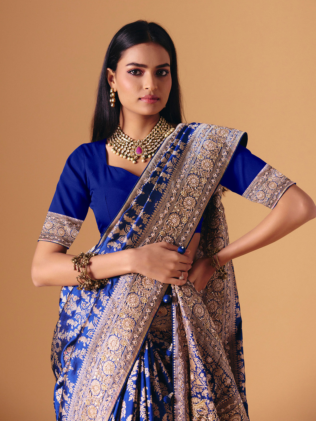 Blue banarasi silk saree with luxurious zardosi embellished bridal elegance