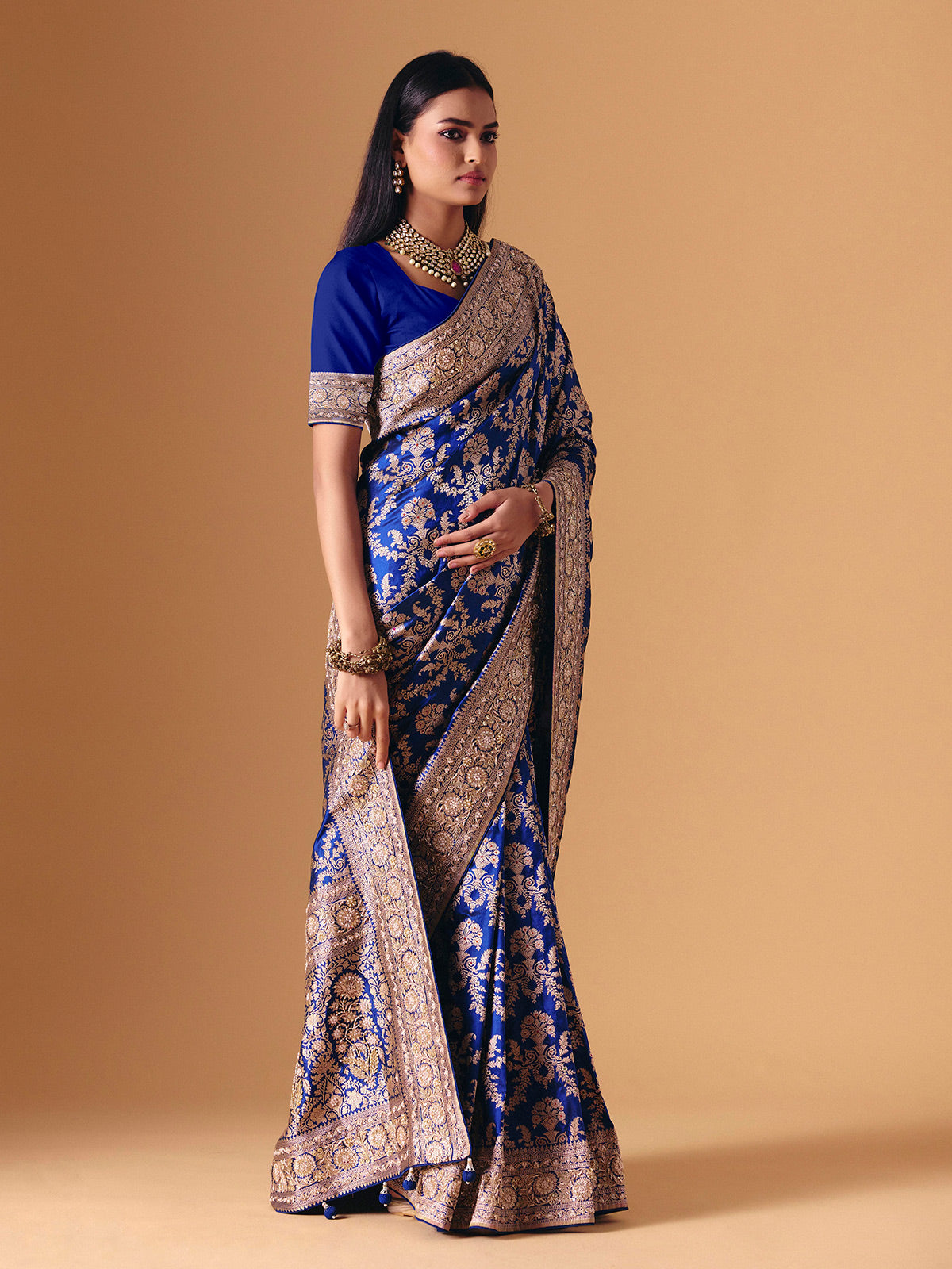Blue banarasi silk saree with luxurious zardosi embellished bridal elegance
