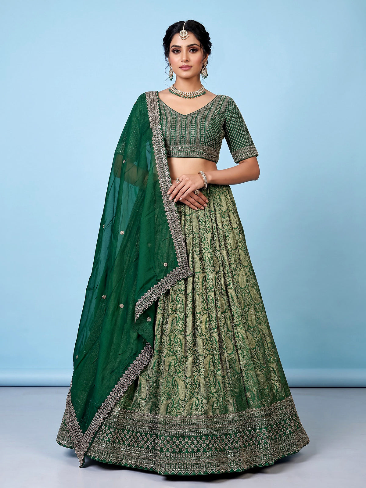 Green silk festive lehenga choli with dupatta
