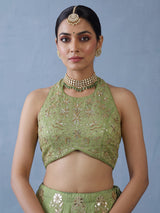 Designer pista green silk bird motif lehenga choli with dupatta
