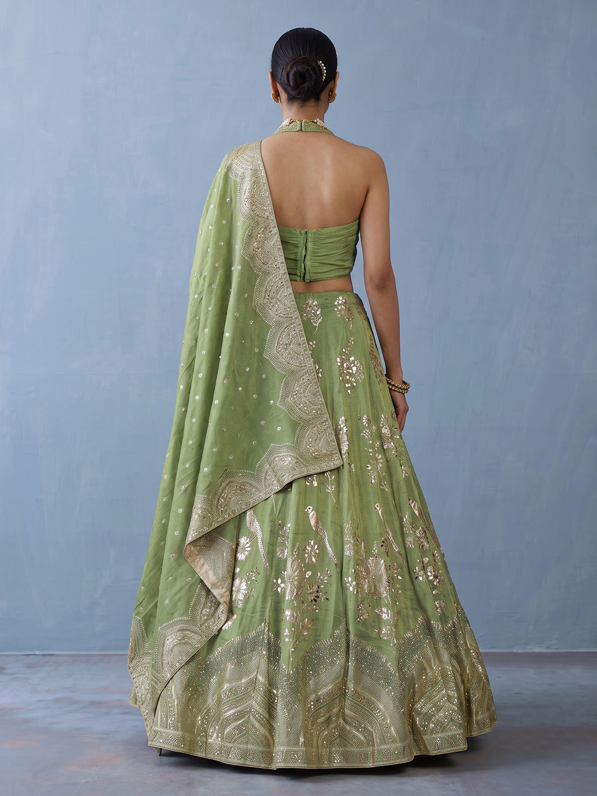 Designer pista green silk bird motif lehenga choli with dupatta