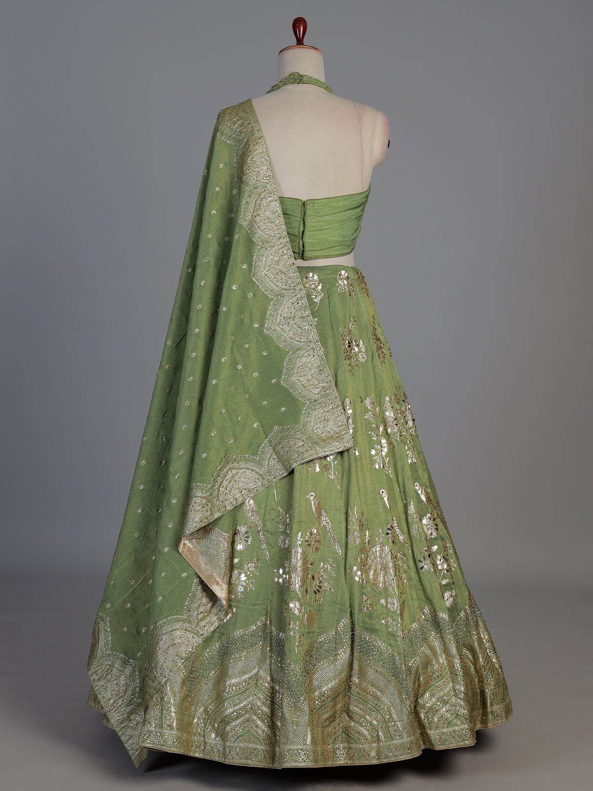Designer pista green silk bird motif lehenga choli with dupatta