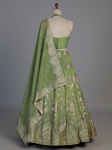 Designer pista green silk bird motif lehenga choli with dupatta