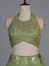 Designer pista green silk bird motif lehenga choli with dupatta