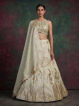 Pista green bird motif silk lehenga choli with dupatta