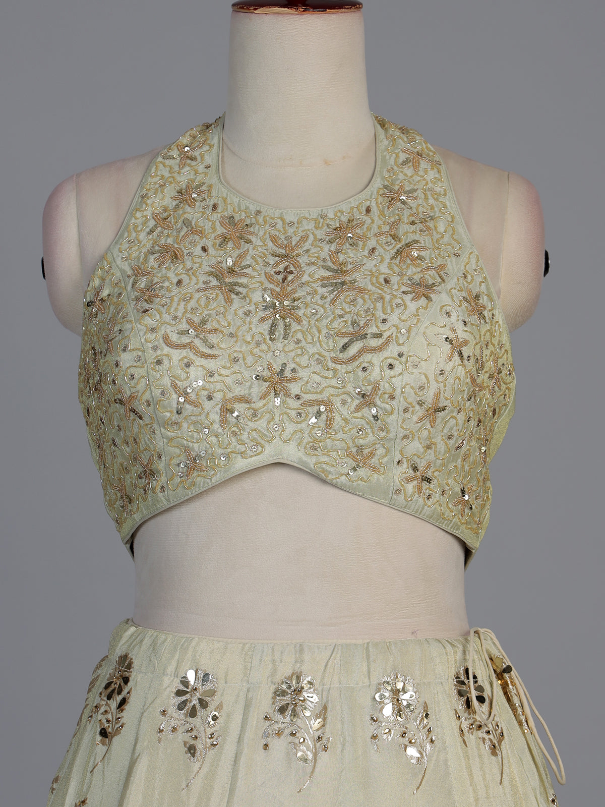 Pista green bird motif silk lehenga choli with dupatta