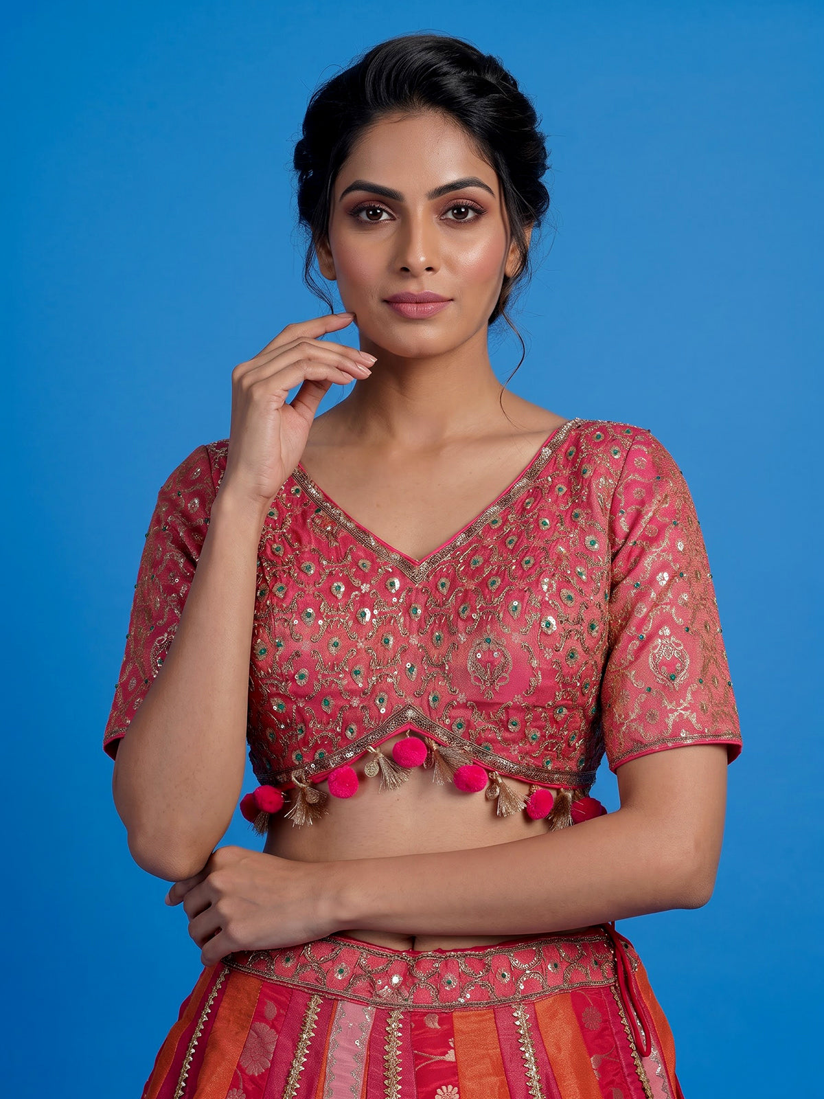 Gajari pink banarasi silk embellished lehenga choli with dupatta