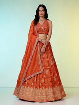 Designer rust orange silk butti work lehenga choli with dupatta