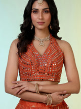 Designer rust orange silk butti work lehenga choli with dupatta