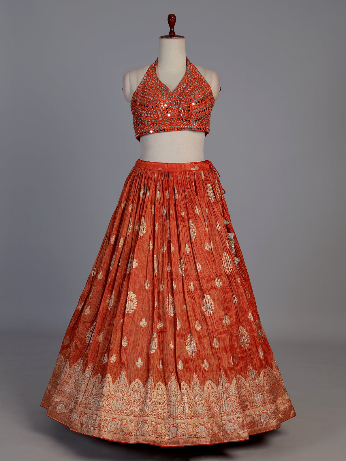 Designer rust orange silk butti work lehenga choli with dupatta