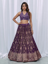 Royal purple silk embellished halter neck lehenga choli with dupatta