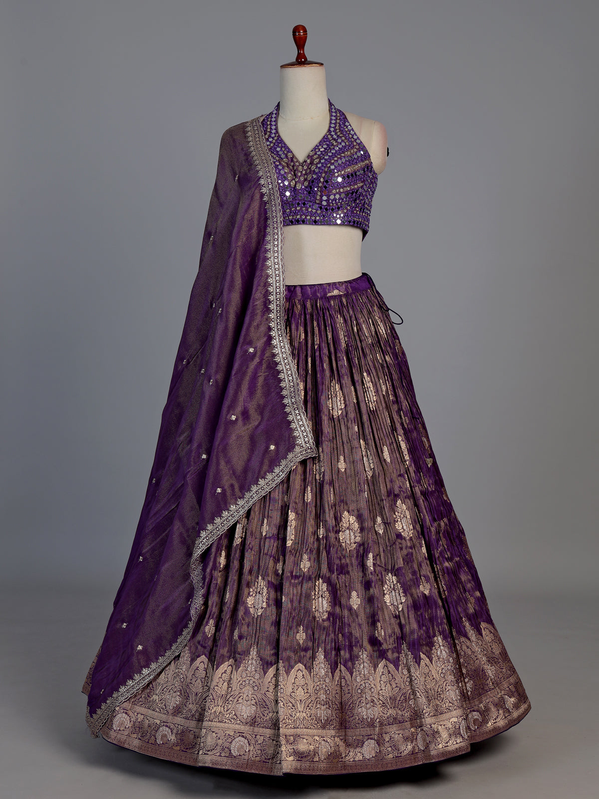 Royal purple silk embellished halter neck lehenga choli with dupatta
